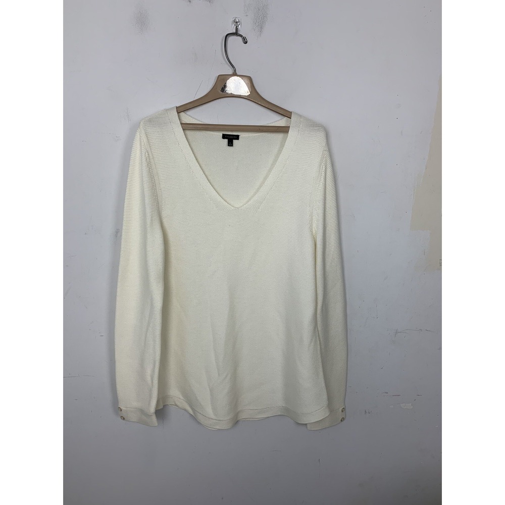 Talbots Womens Sweater Large Waffle Knit Minimal Spring Capsule V Neck Ivory